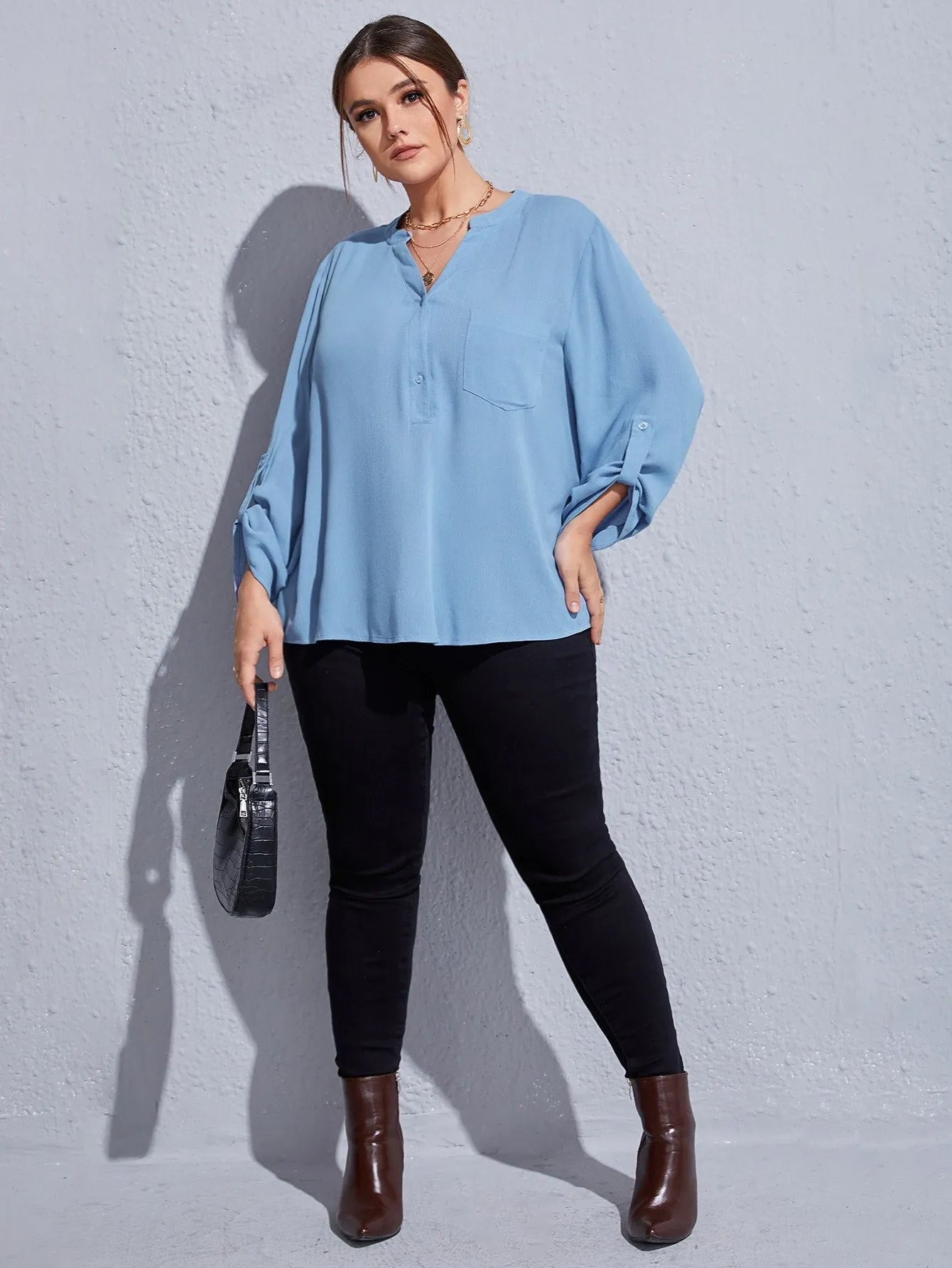 Plain Button Front Long Sleeve Notched Regular Plus Size Blouse
