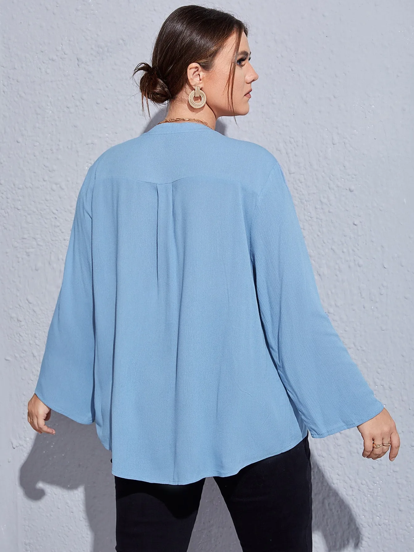 Plain Button Front Long Sleeve Notched Regular Plus Size Blouse