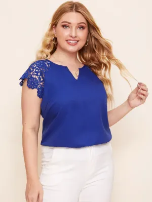 Plain Contrast Lace Cap Sleeve Notched Regular Plus Size Blouse
