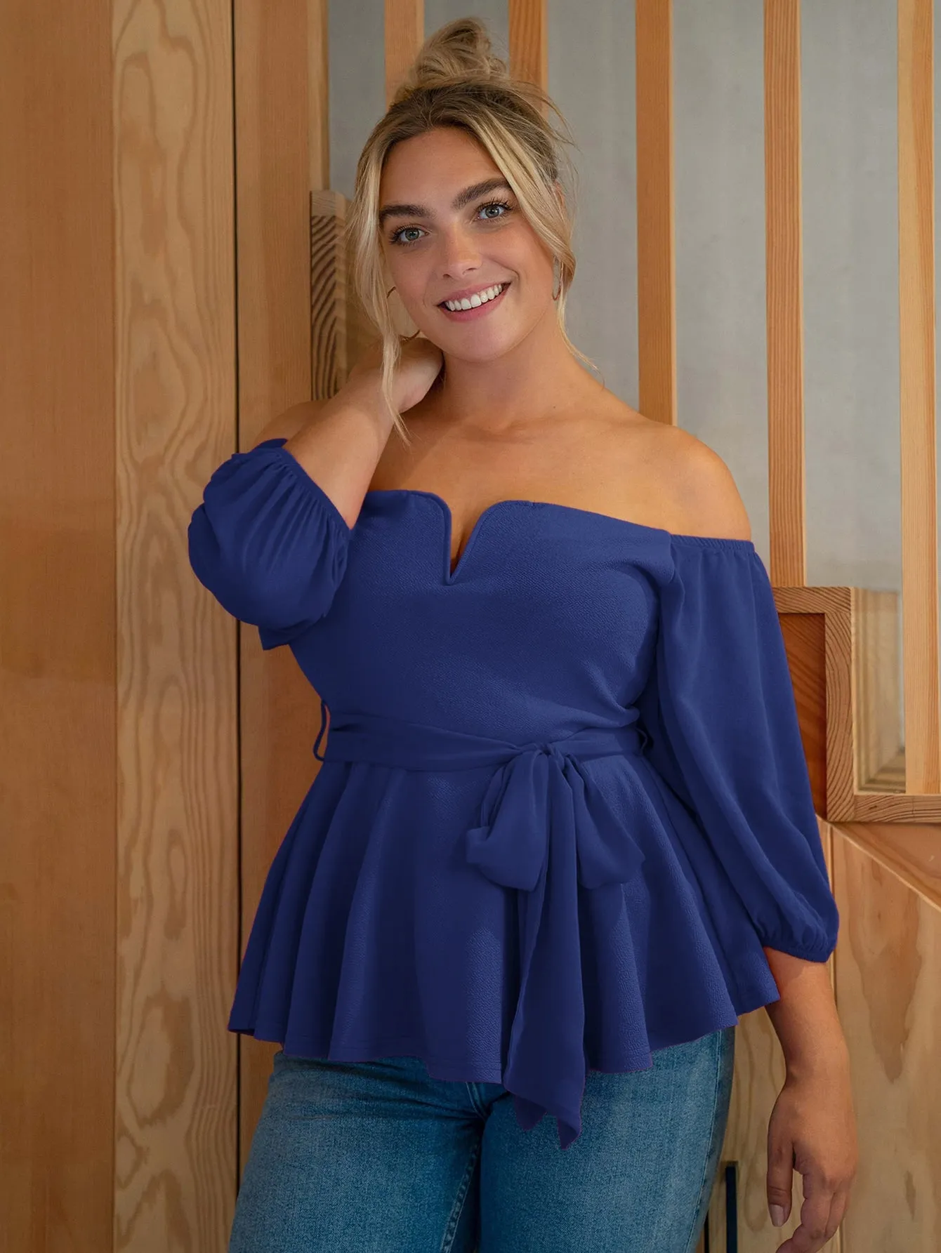 Plain Ruffle Hem Three Quarter Length Sleeve Off The Shoulder Flared Regular Plus Size Blouse