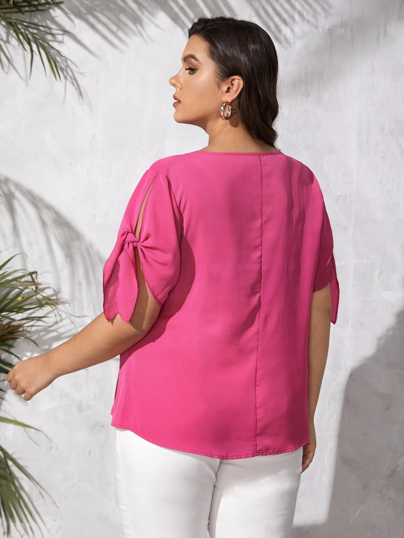 Plain Split Short Sleeve Scoop Neck Regular Plus Size Blouse
