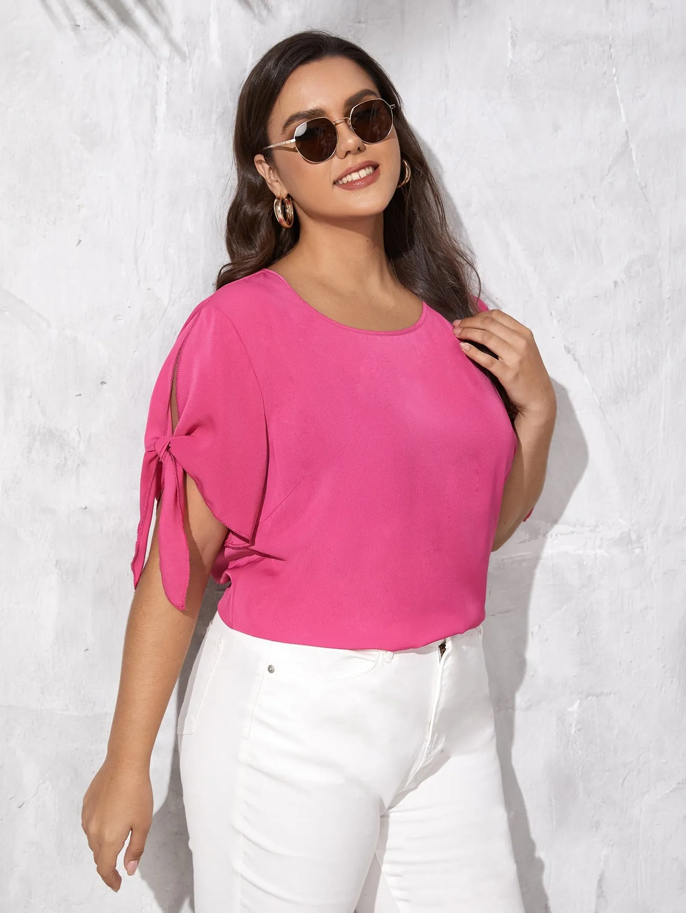 Plain Split Short Sleeve Scoop Neck Regular Plus Size Blouse