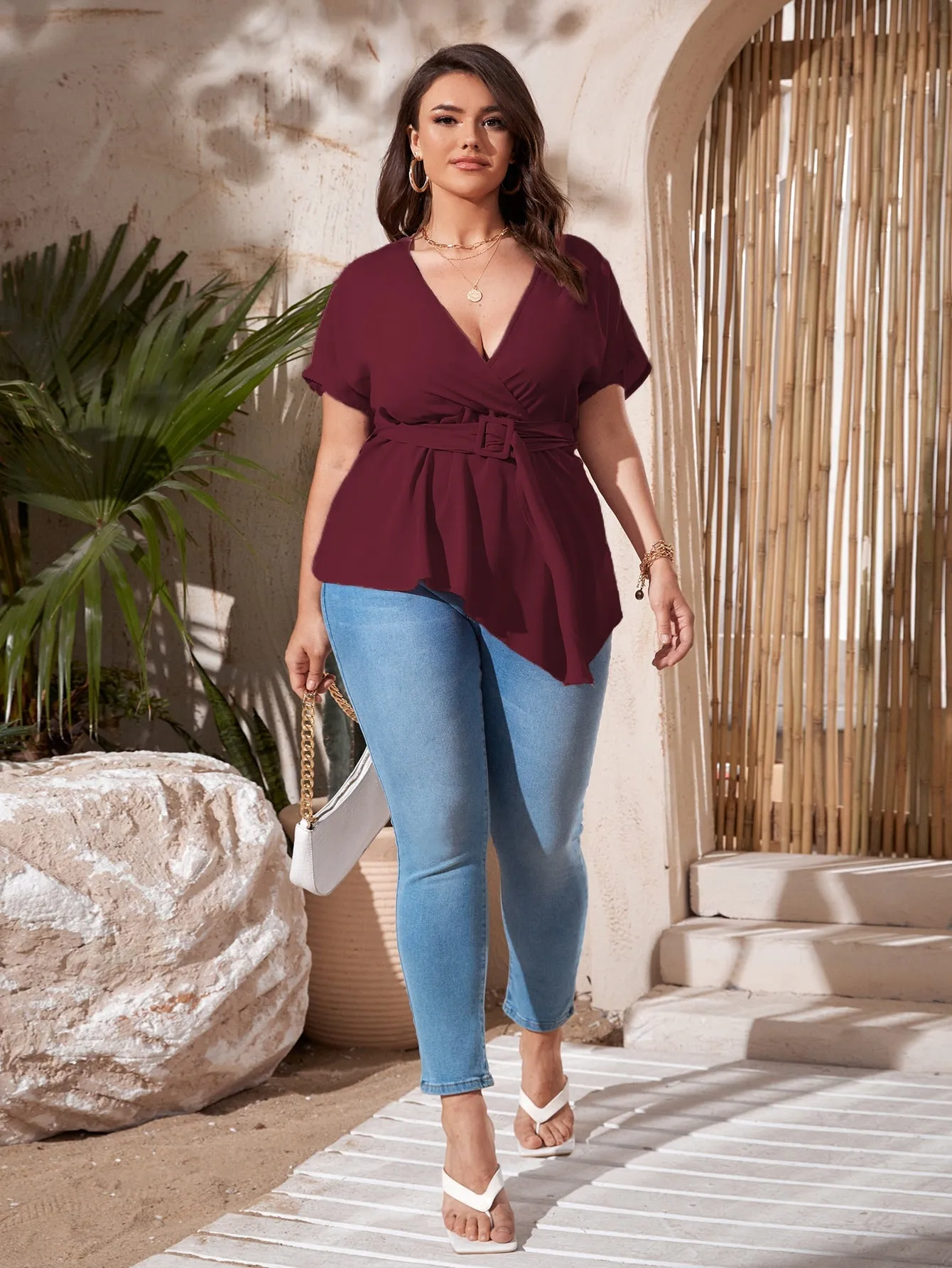Plain Wrap Short Sleeve Deep V Neck Long Plus Size Blouse