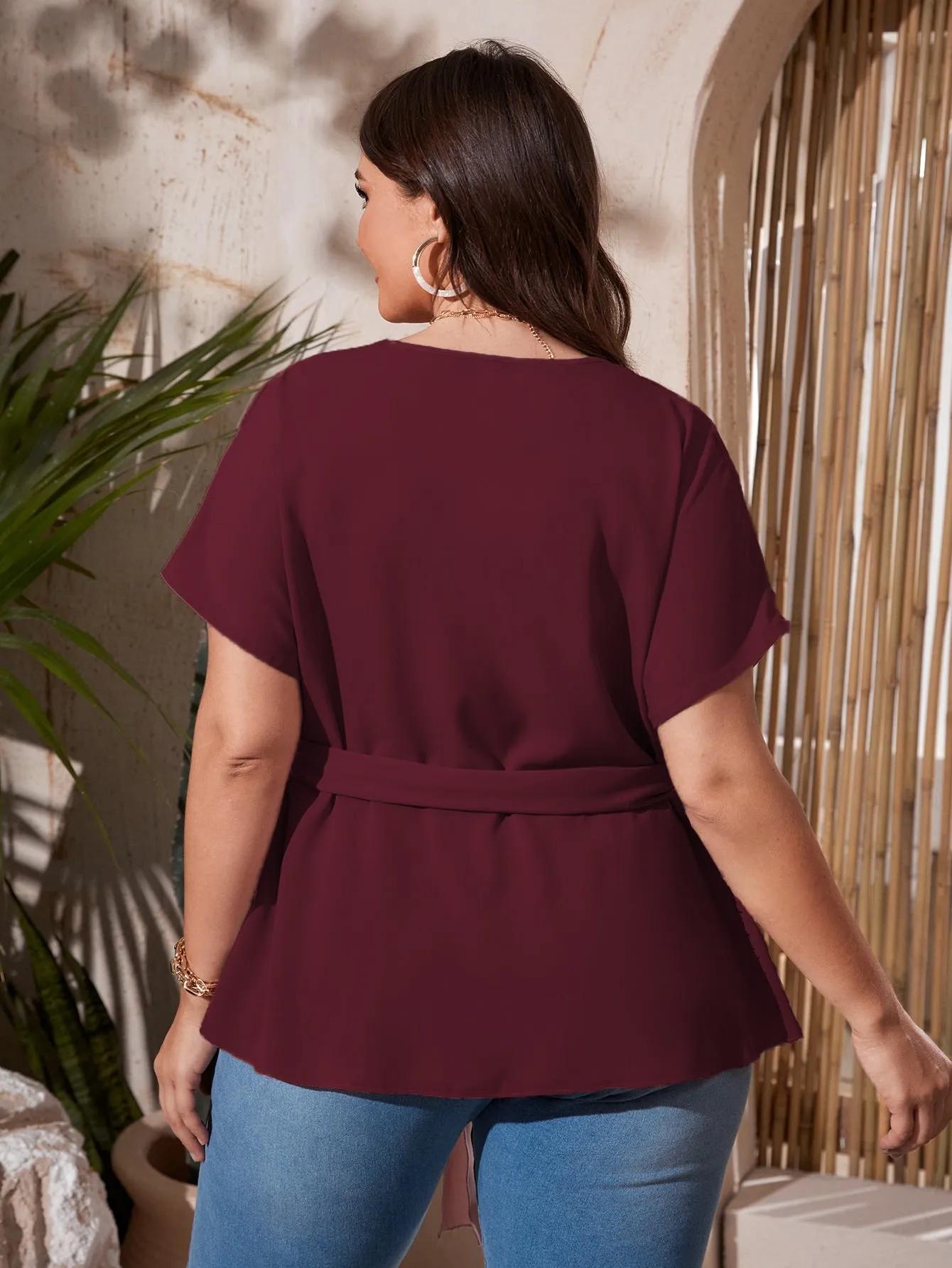 Plain Wrap Short Sleeve Deep V Neck Long Plus Size Blouse