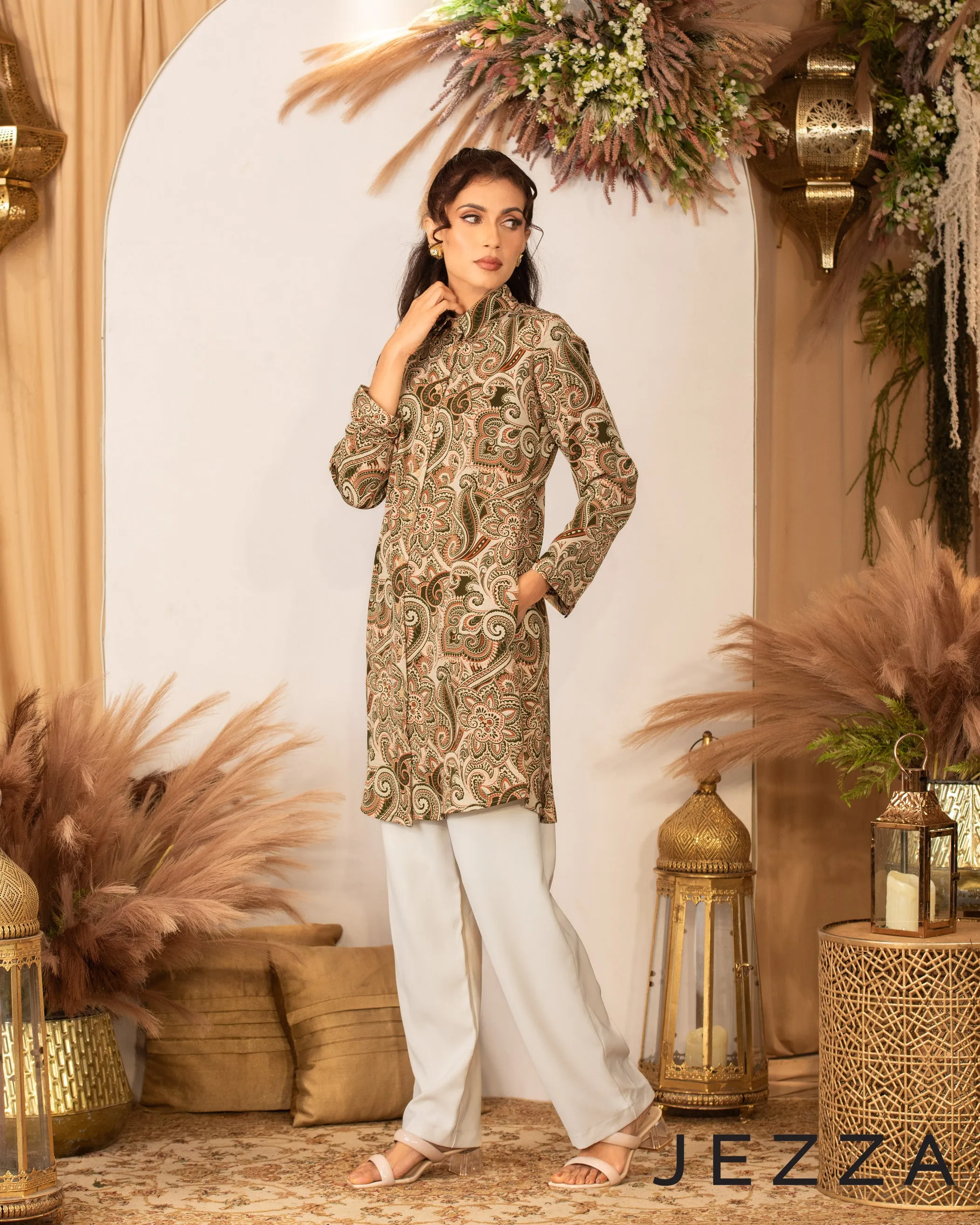 Polyester Knee-Length Button-Down Top 62232
