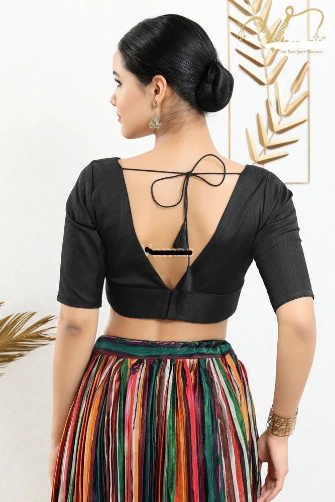Readymade Silk Padded Back Open Elbow Sleeves Black Saree Blouse
