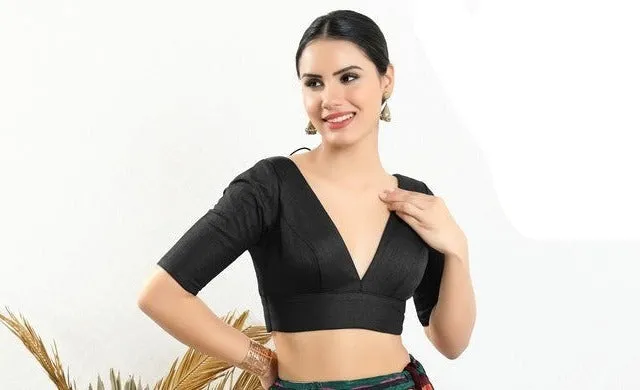 Readymade Silk Padded Back Open Elbow Sleeves Black Saree Blouse