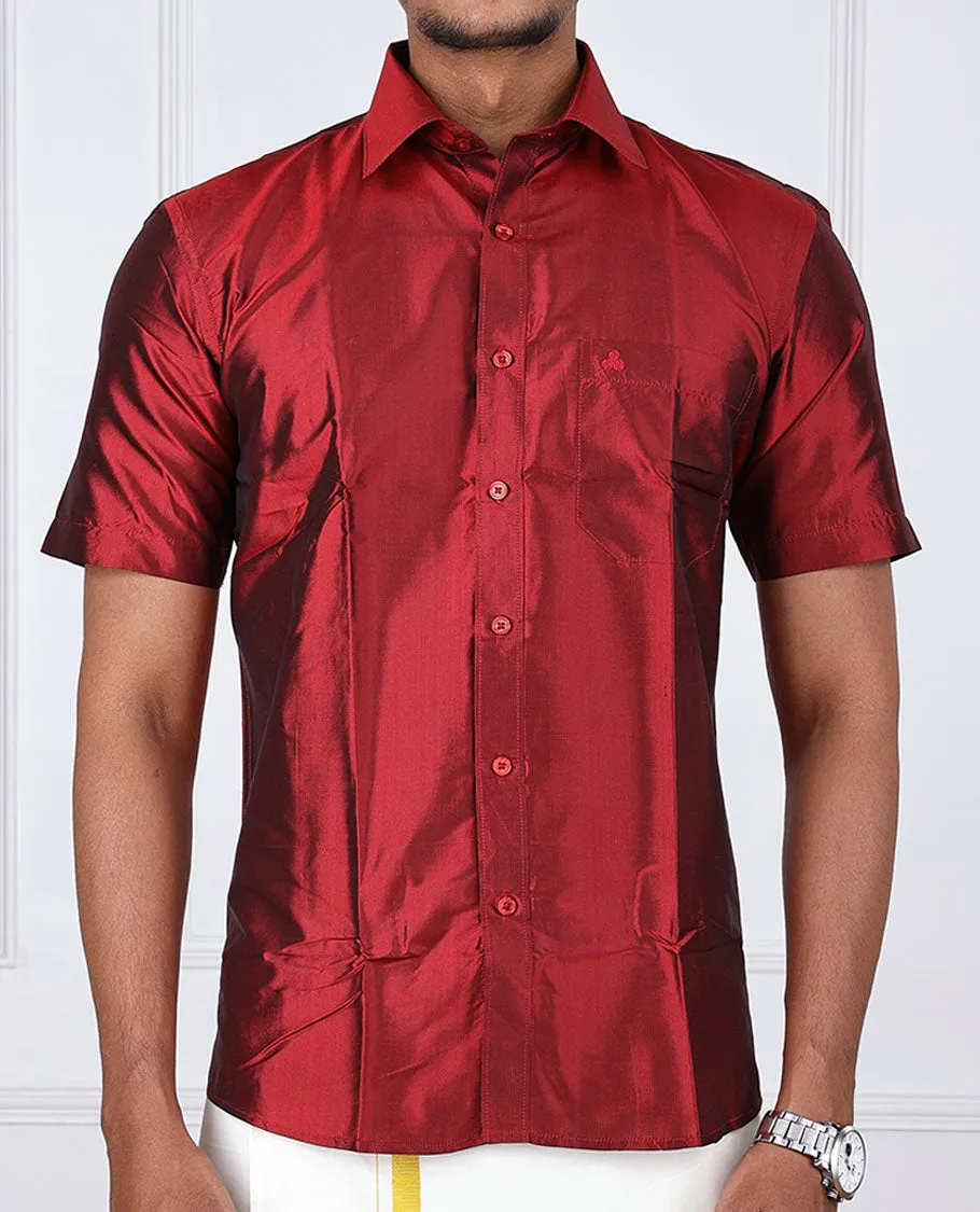 Red plain design half-sleeve pure-silk shirt