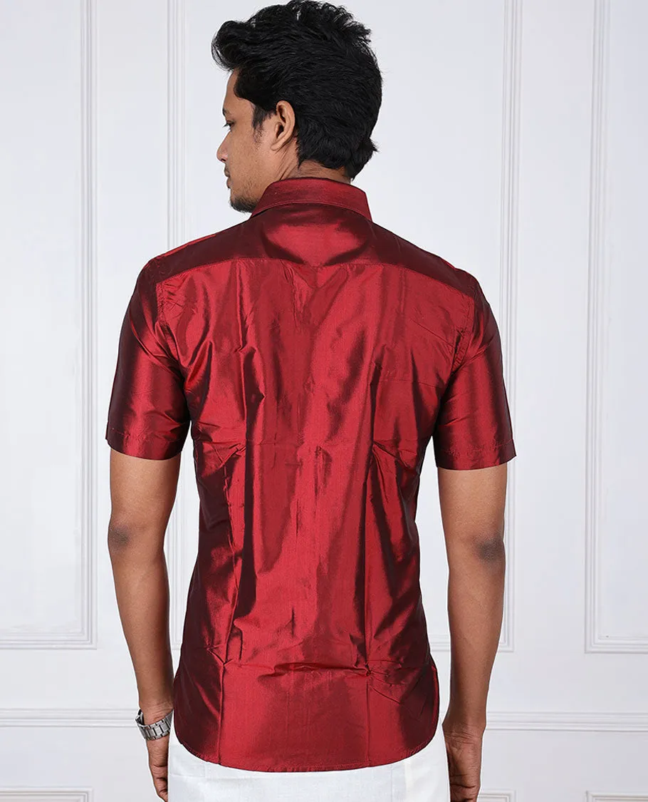 Red plain design half-sleeve pure-silk shirt