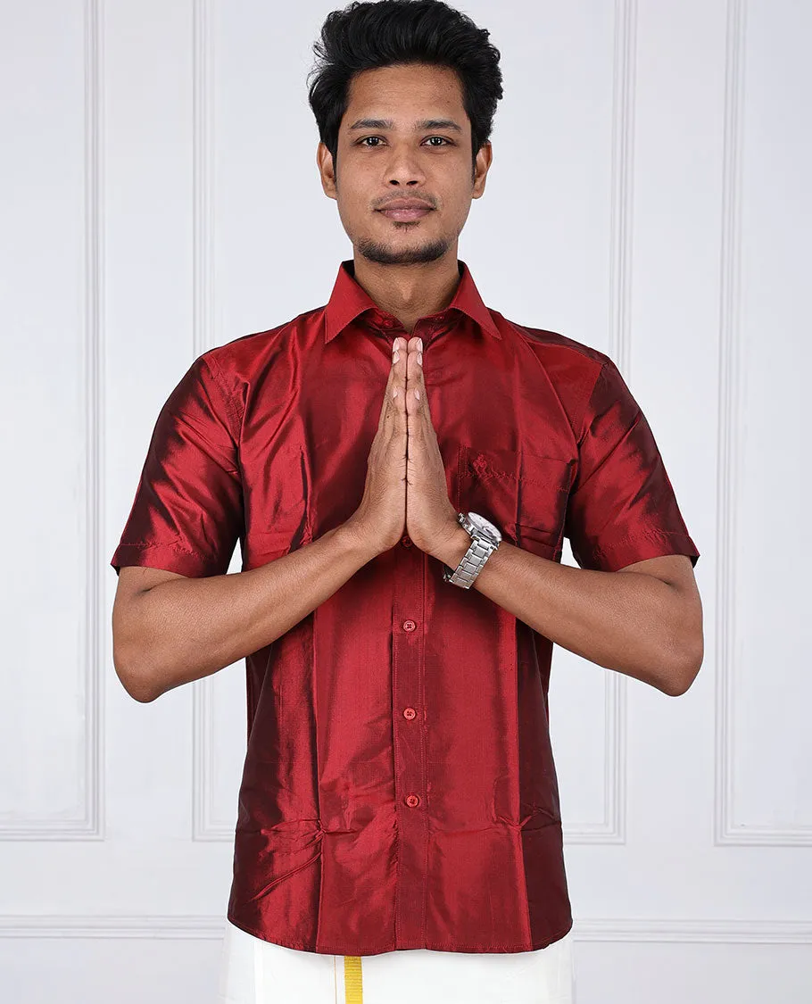 Red plain design half-sleeve pure-silk shirt
