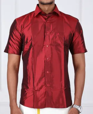 Red plain design half-sleeve pure-silk shirt