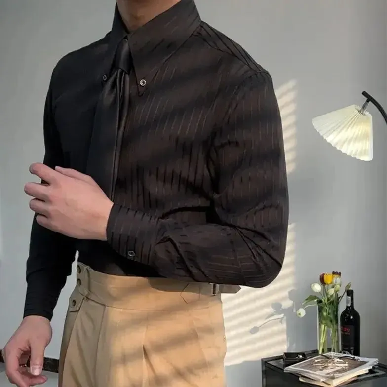 Riolio Business Square Collar Stripe Retro Autumn Men's Splicing Button Fashion Slimming Style Versatile Casual Long Sleeve Shirts
