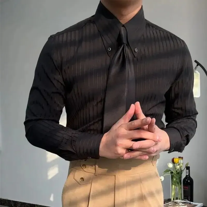 Riolio Business Square Collar Stripe Retro Autumn Men's Splicing Button Fashion Slimming Style Versatile Casual Long Sleeve Shirts