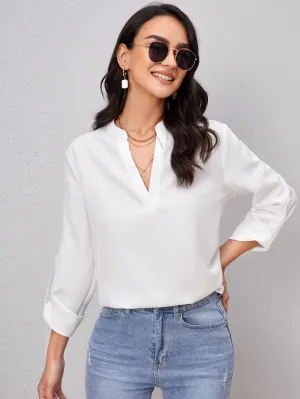 Roll Tab Sleeve Notched Neck Blouse
