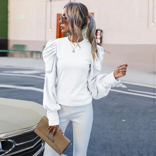 Ruched Lantern Sleeve Shirt - 3 Colors