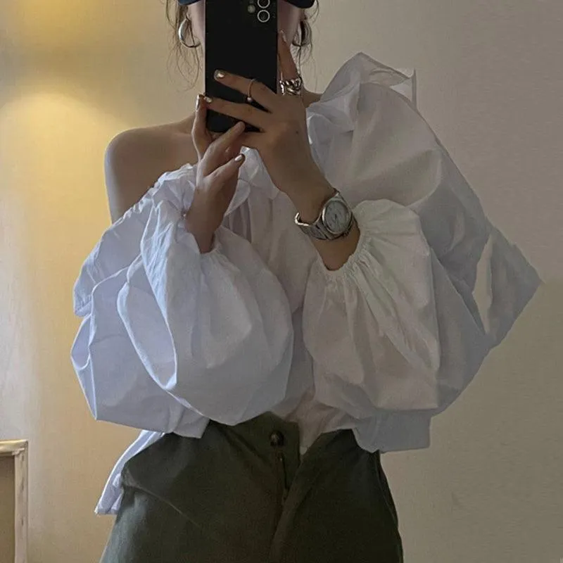 Ruffled Off-the-shoulder Long-sleeve Top