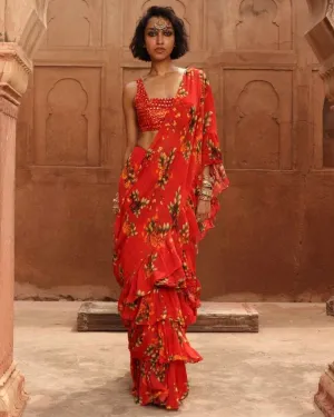 Sindoori Pine Print Sari With Embroidered Blouse Set