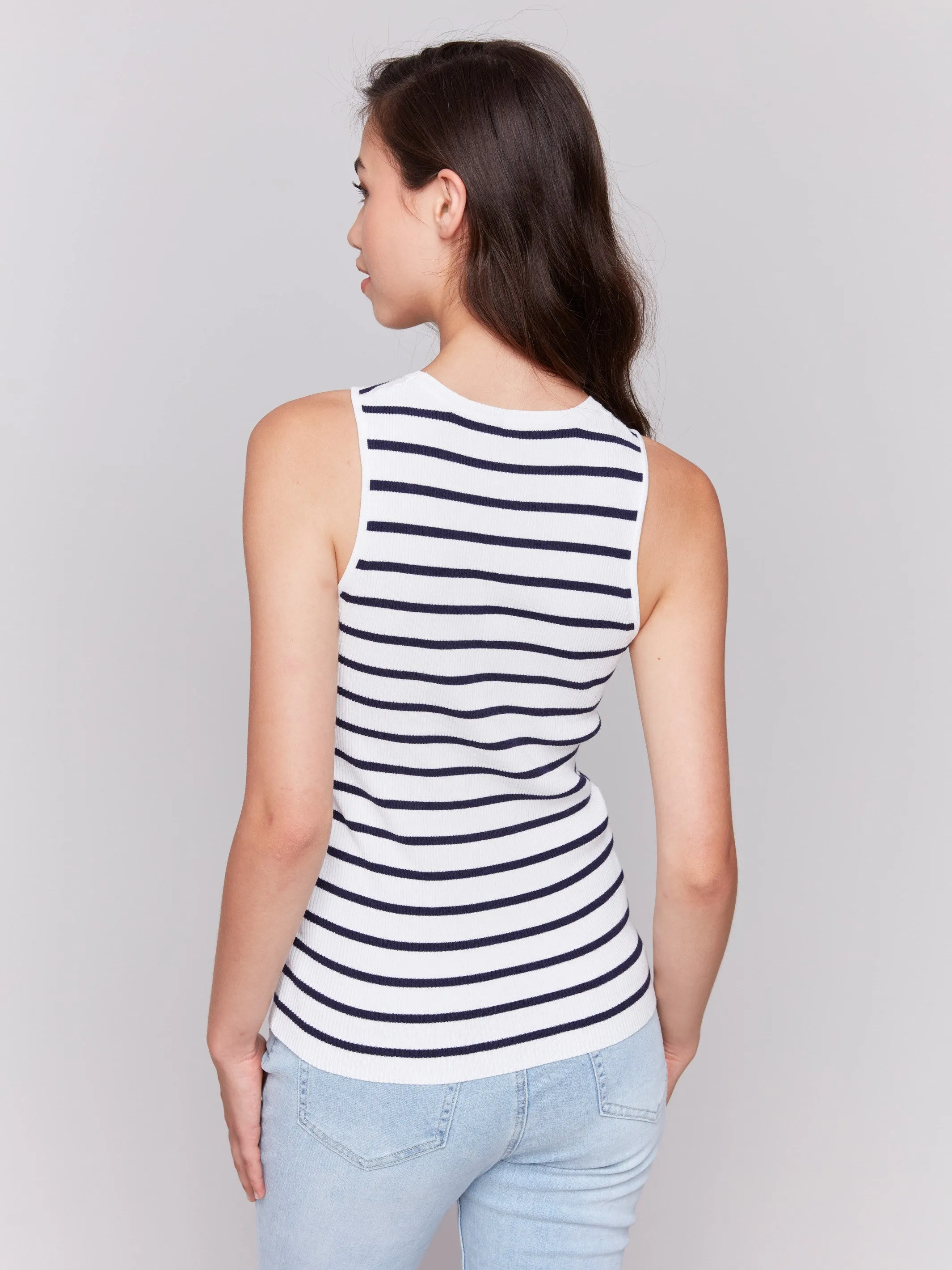 Striped Rib Knit Sleeveless Top - White