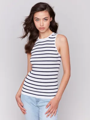 Striped Rib Knit Sleeveless Top - White