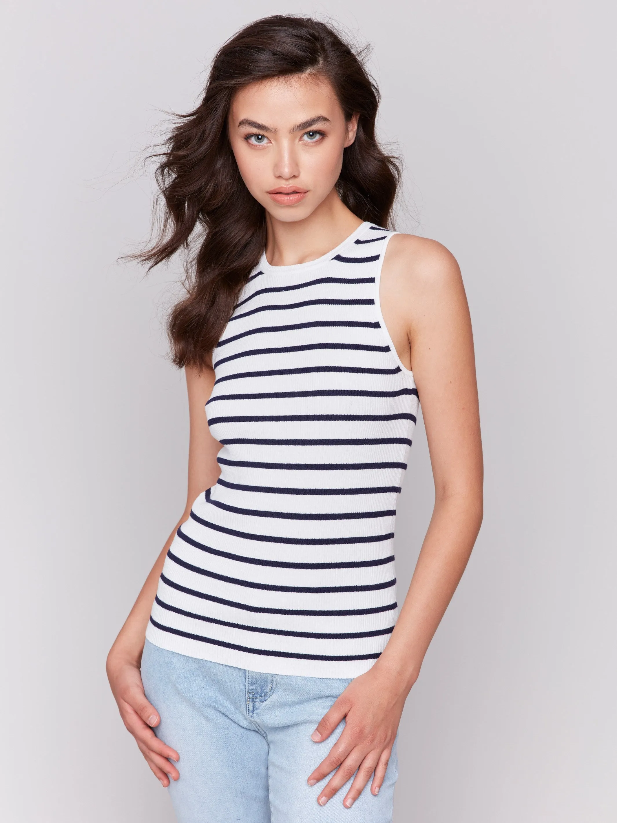 Striped Rib Knit Sleeveless Top - White