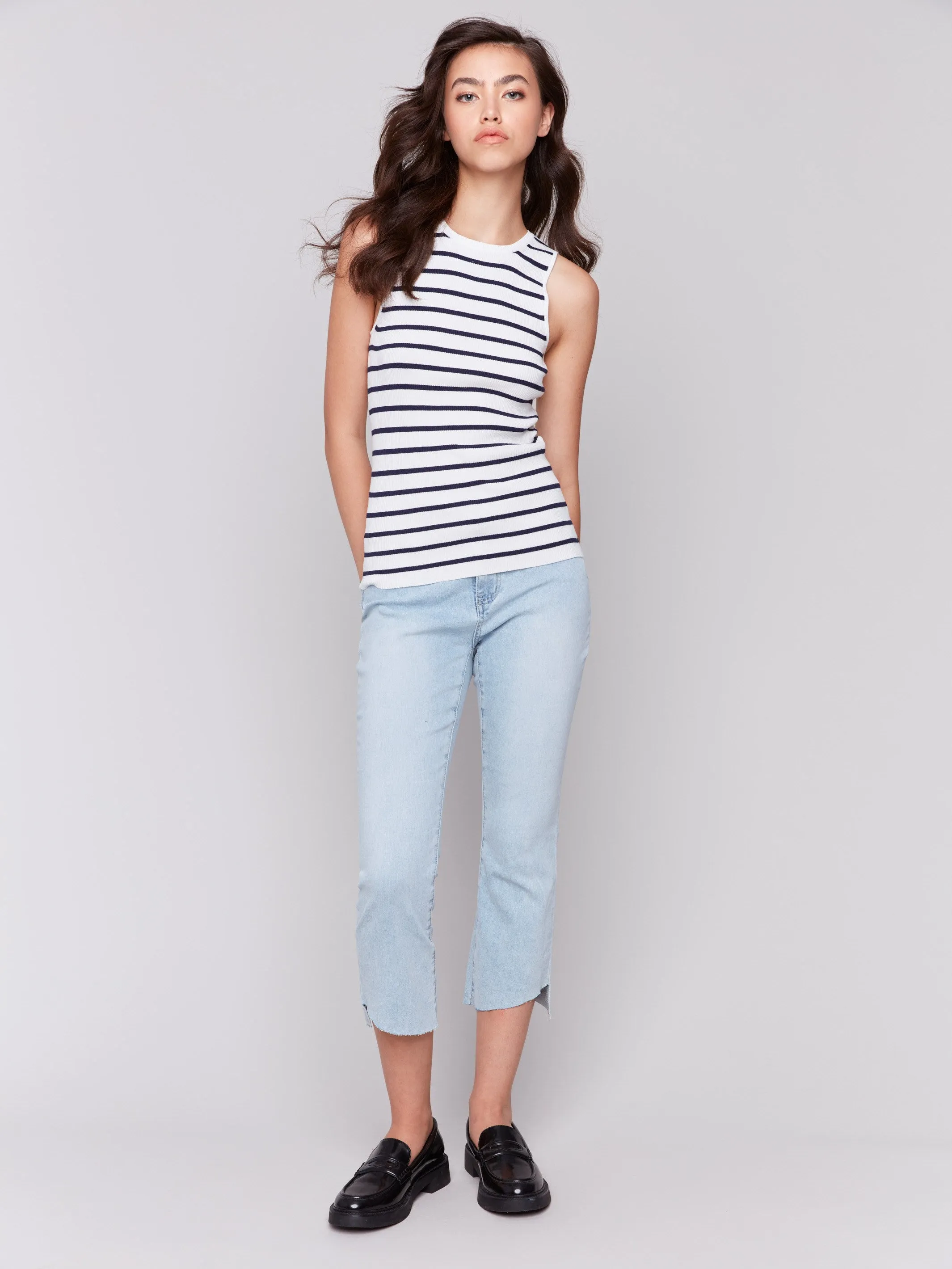 Striped Rib Knit Sleeveless Top - White