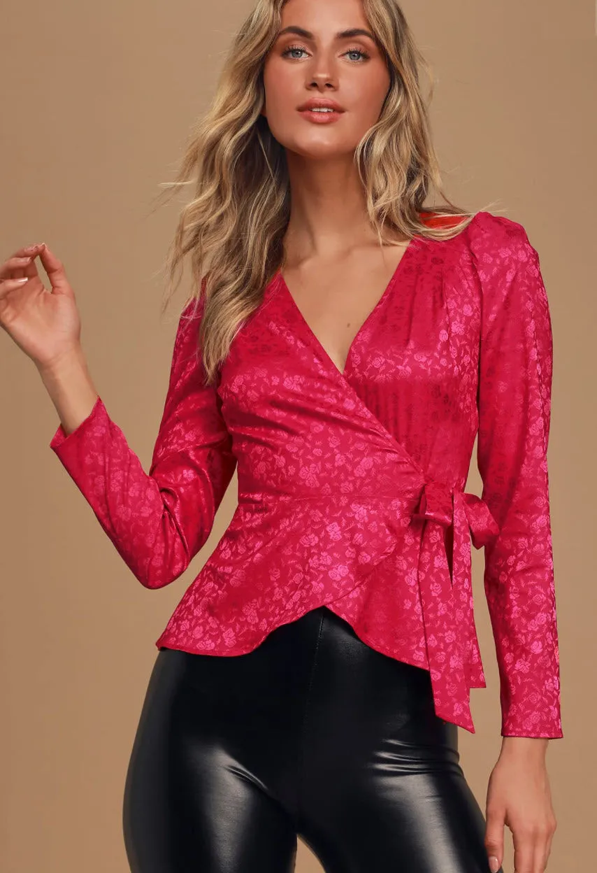 TESS JACQUARD LONG SLEEVE WRAP TOP ROSE