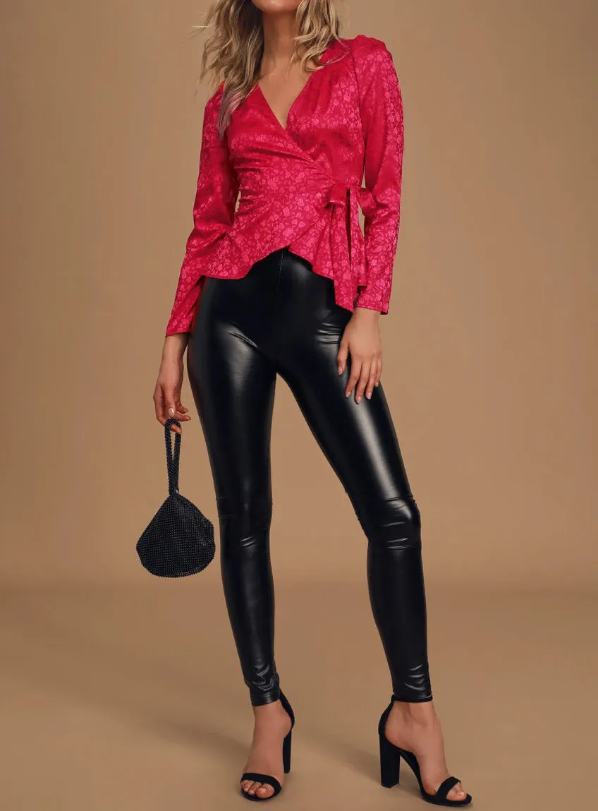TESS JACQUARD LONG SLEEVE WRAP TOP ROSE