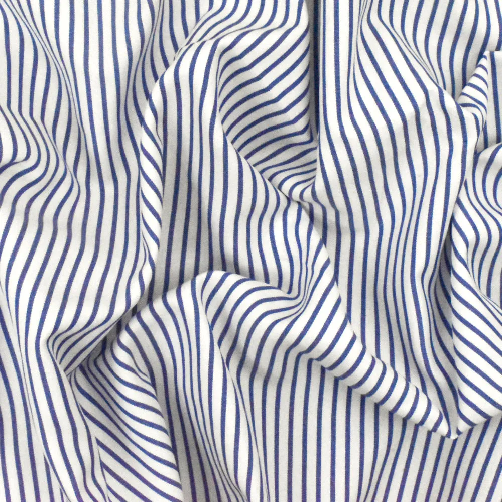 Ultramarine Blue-White Stripe Polyester Shirting Woven Fabric