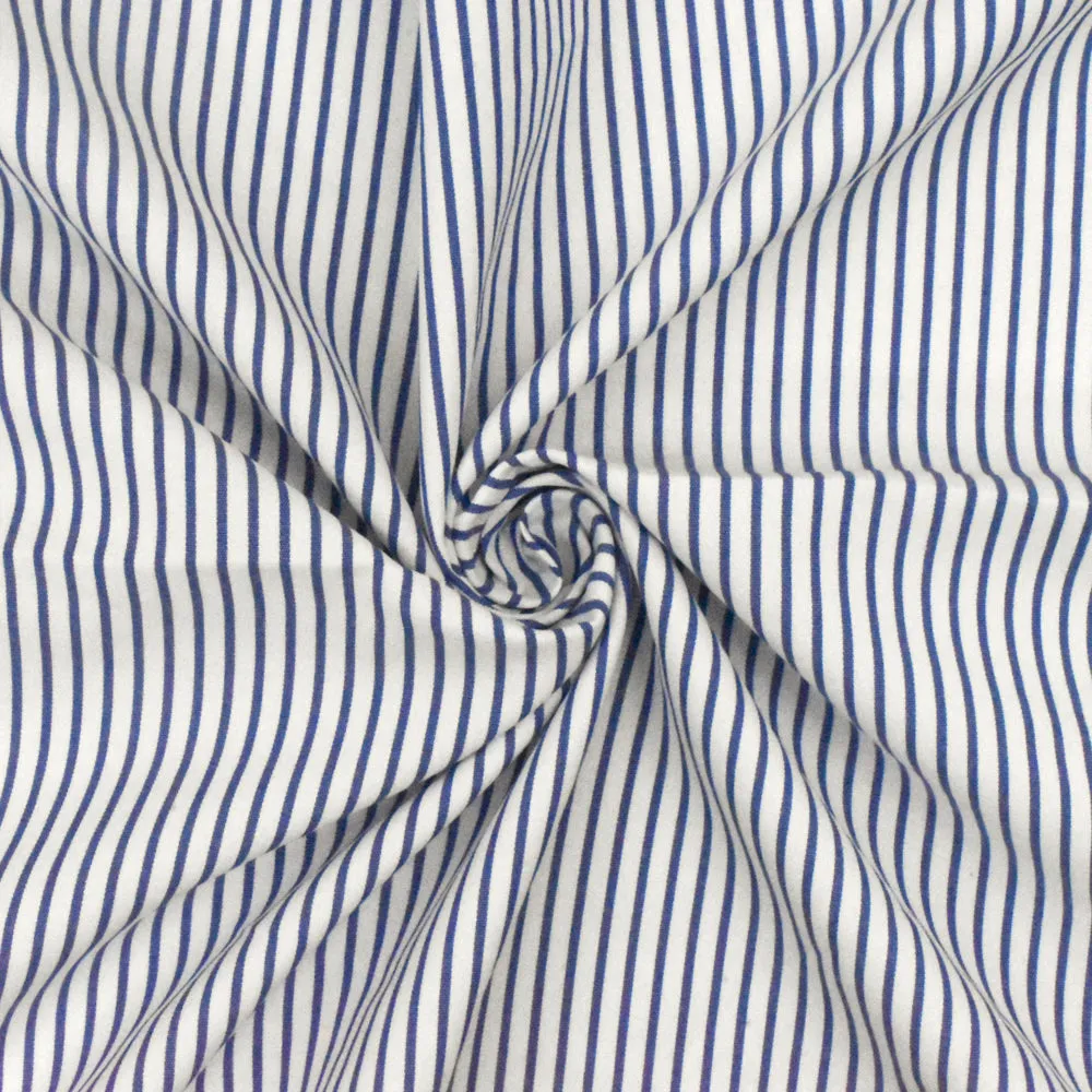 Ultramarine Blue-White Stripe Polyester Shirting Woven Fabric