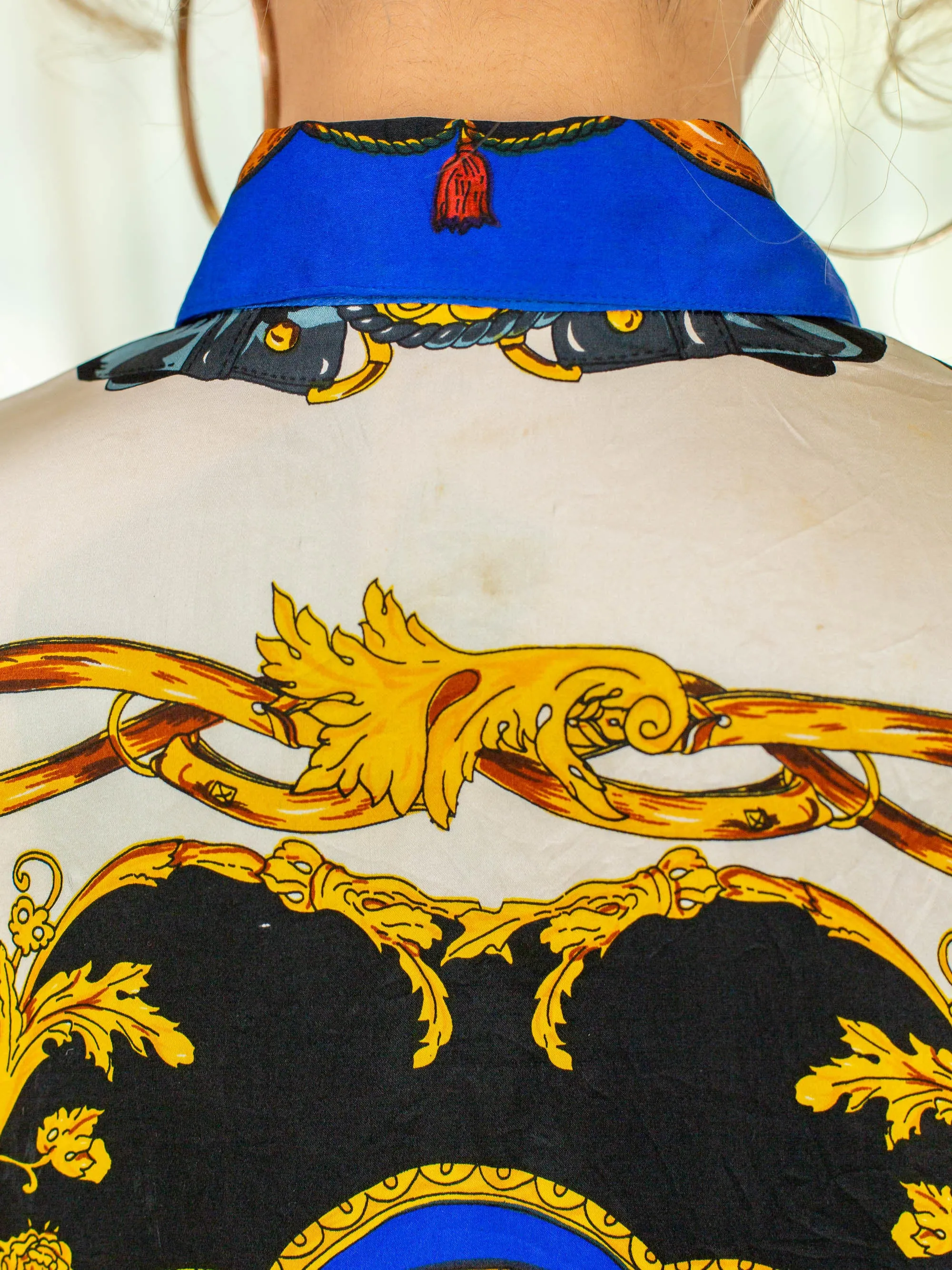 Vintage Silk Cuff Sleeved Collared Neck Baroque Print Blouse