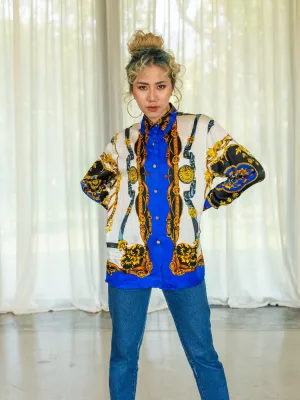 Vintage Silk Cuff Sleeved Collared Neck Baroque Print Blouse