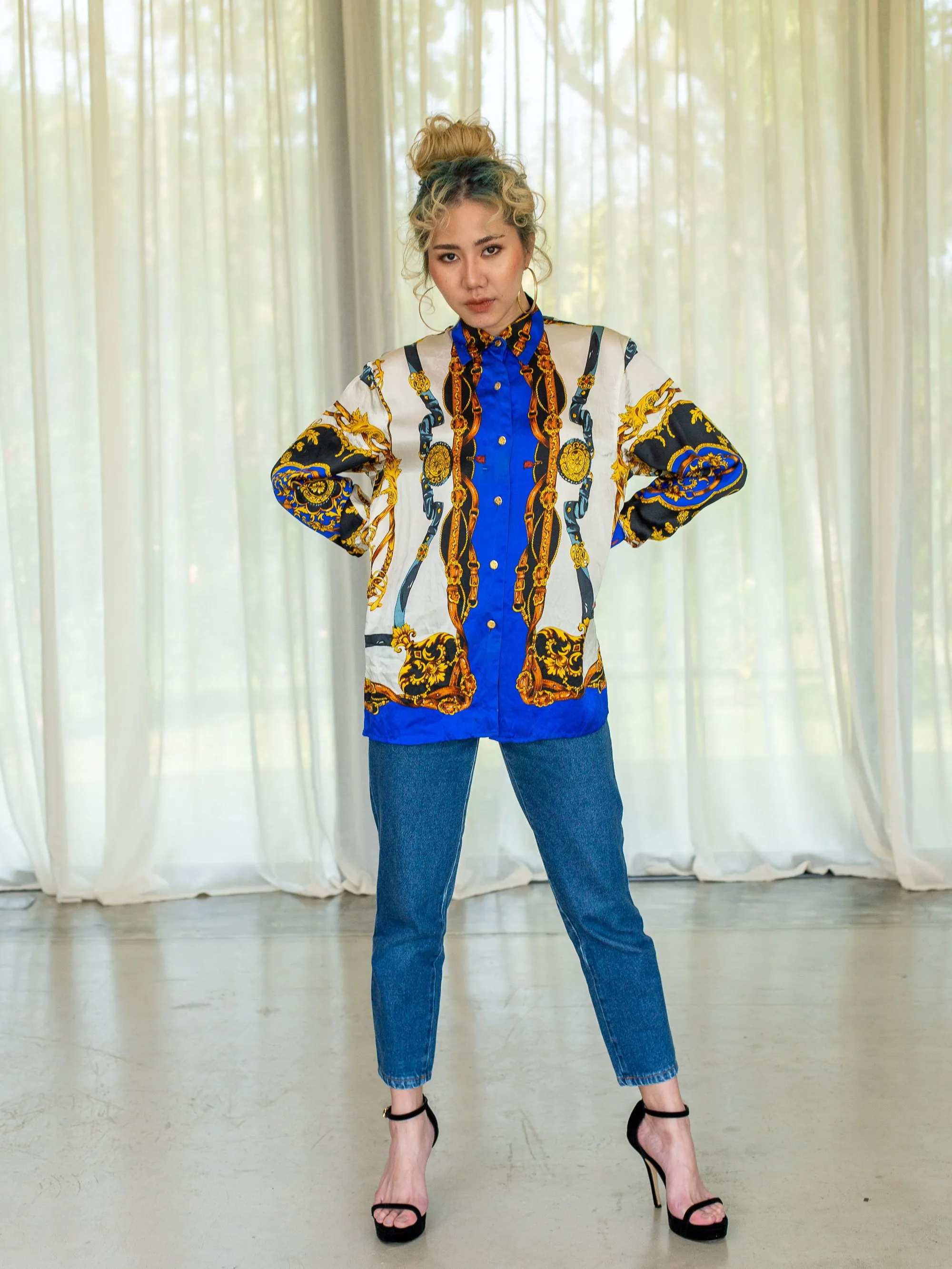 Vintage Silk Cuff Sleeved Collared Neck Baroque Print Blouse