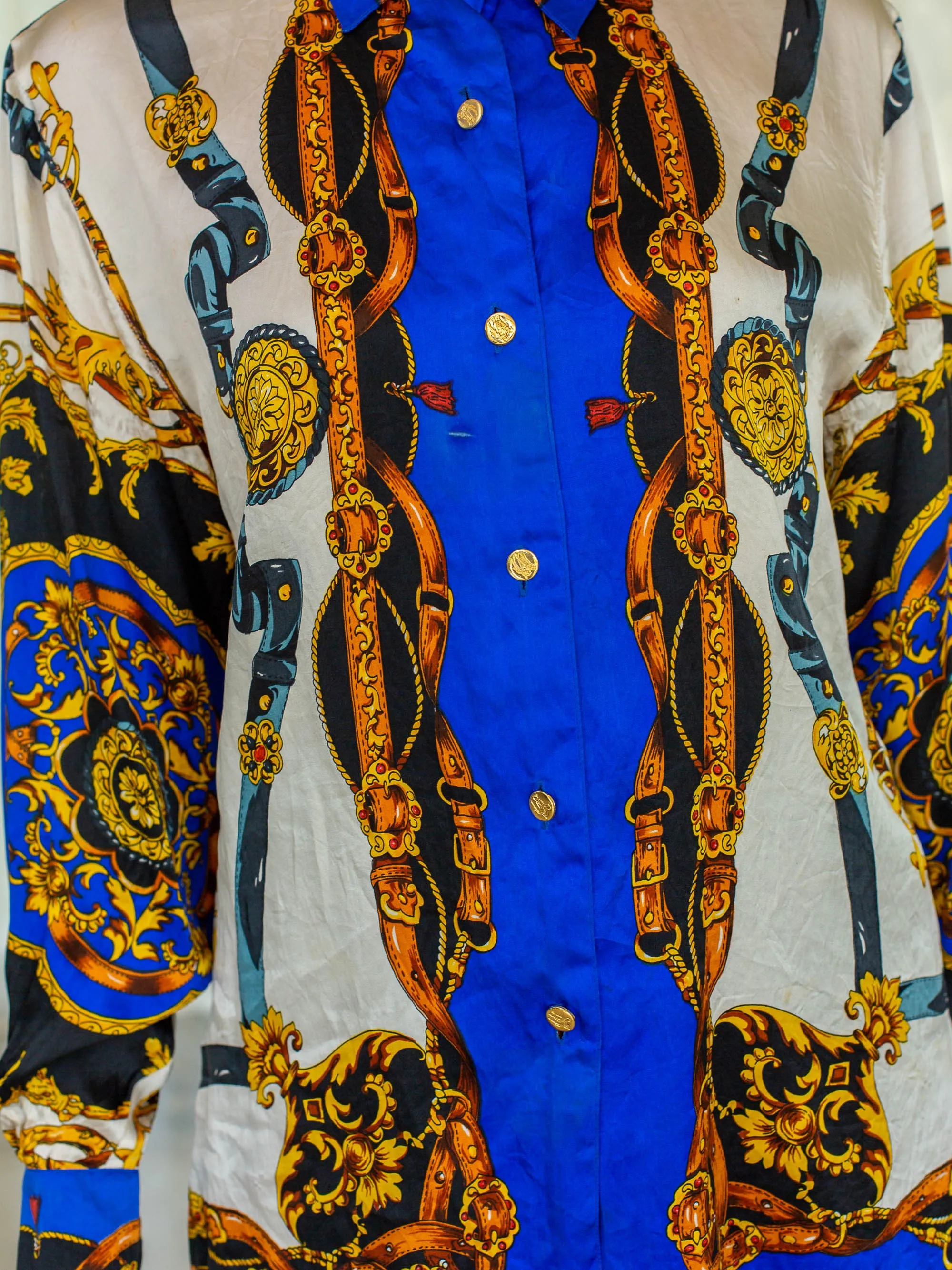 Vintage Silk Cuff Sleeved Collared Neck Baroque Print Blouse
