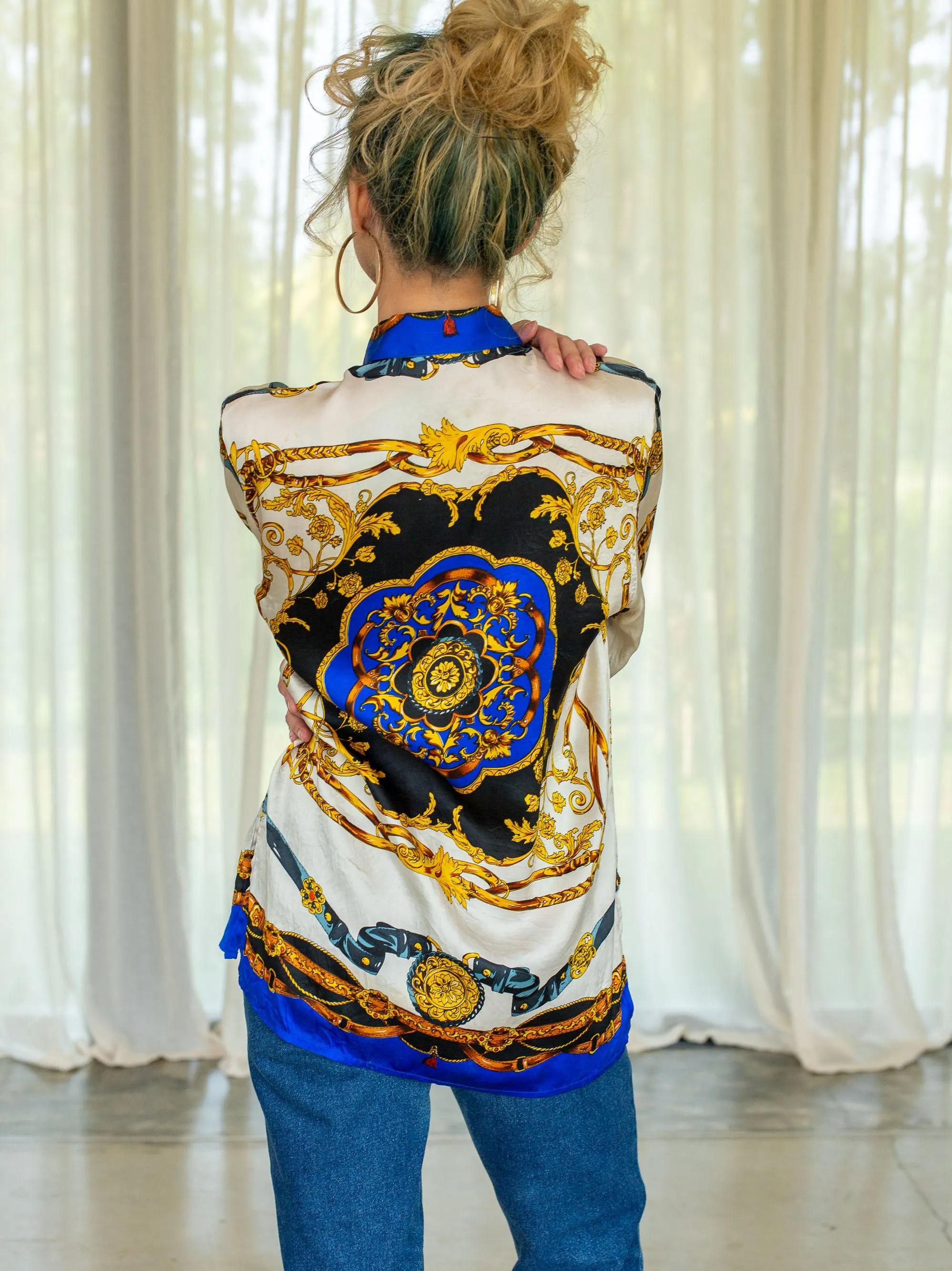 Vintage Silk Cuff Sleeved Collared Neck Baroque Print Blouse