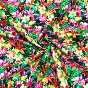 Vivid Lilies on Black Cotton-Touch-Polyester Fabric