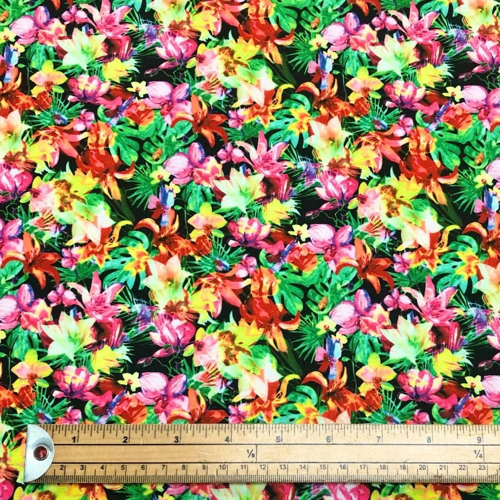 Vivid Lilies on Black Cotton-Touch-Polyester Fabric