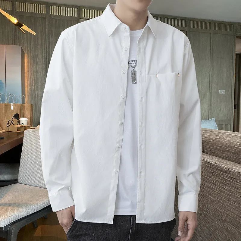 White Work Shirts Fall Men's Shirts Solid Color Loose Japanese Style Hong Kong Style Blouse Coat