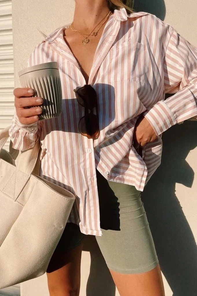 xakxx xakxx Stylish Women's Classic-Fit Long Sleeve Lightweight Button Down Shirt  Vertical Stripes Oversize BF Style Top Blouses