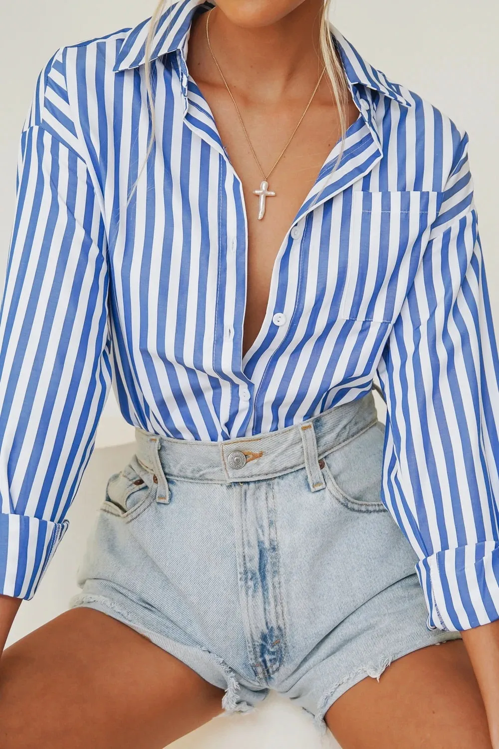 xakxx xakxx Stylish Women's Classic-Fit Long Sleeve Lightweight Button Down Shirt  Vertical Stripes Oversize BF Style Top Blouses