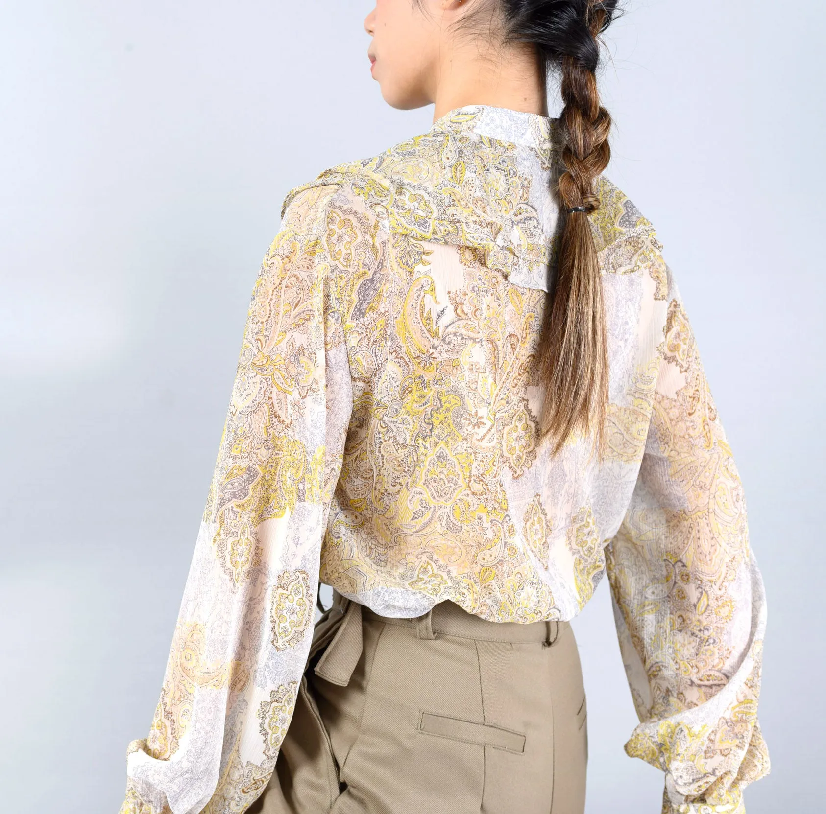 Yellow pattern blouse w/ peplum collars