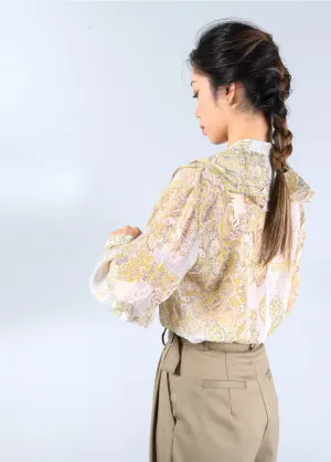 Yellow pattern blouse w/ peplum collars